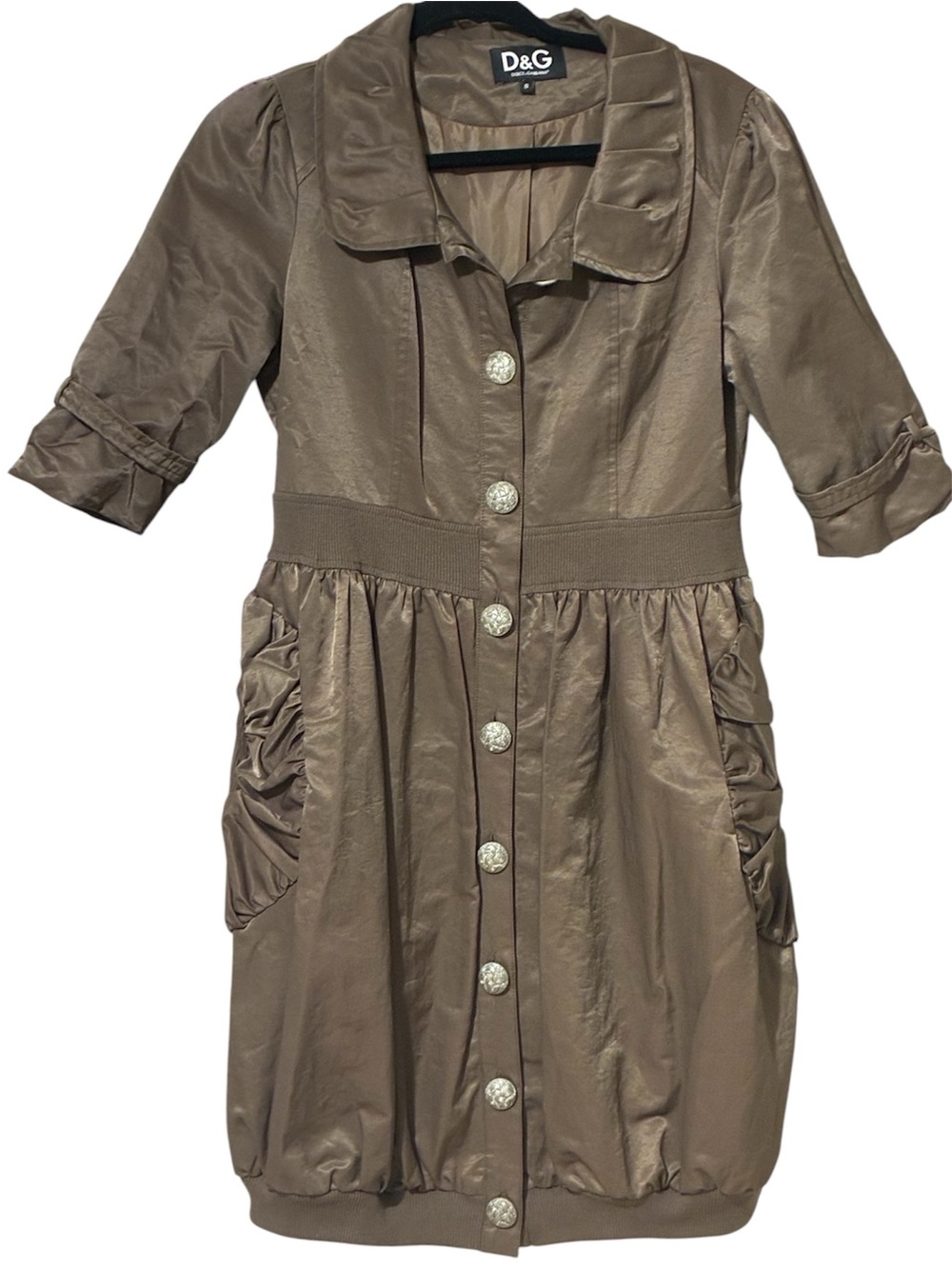 D&G Taupe Brown Silver Button-Front Vintage Y2K Retro Trench Pocket Dress S